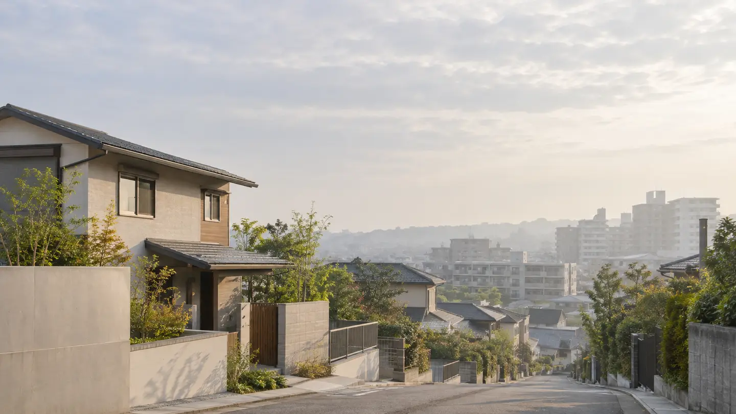 朝の住宅街。手前に戸建て、奥にマンションが見える
