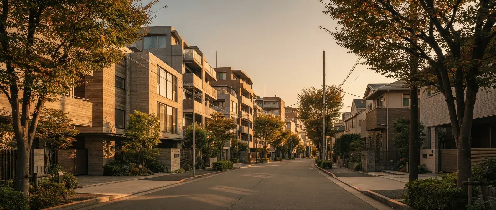 夕暮れの街並みと集合住宅のイメージ