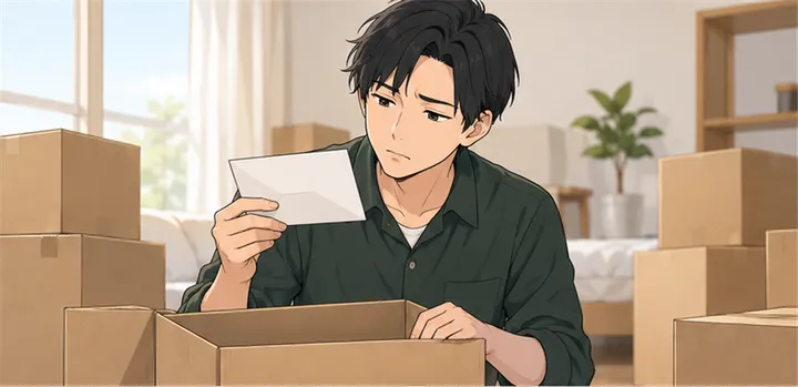 引っ越しの段ボールの中から封筒を取り出し、首をかしげる人
