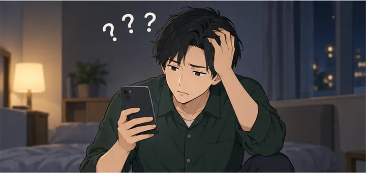 夜、スマホを見ながら困った顔で頭を抱える人