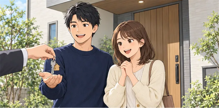 新しい家の前で、鍵を受け取って喜ぶ夫婦