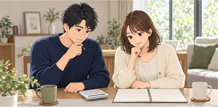 ダイニングで電卓とノートを前に、家計を見直す夫婦