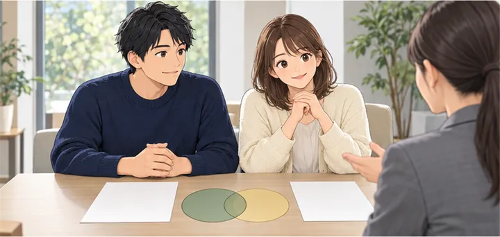 相談の席で、二つの書類と重なりを示す二つの丸の図を見る夫婦と担当者