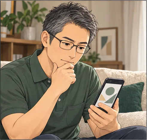 自宅のソファでスマホを見て考える人