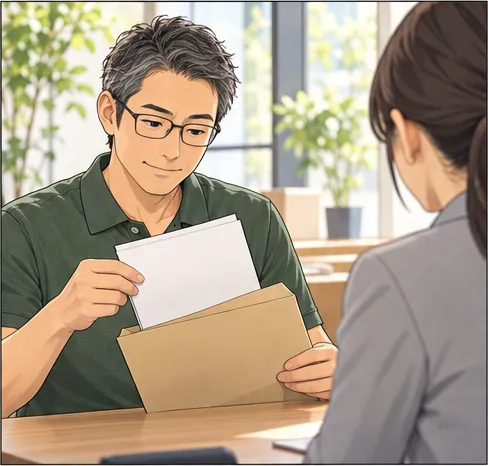 相談の席で、封筒から書類を出して担当者に見せる人