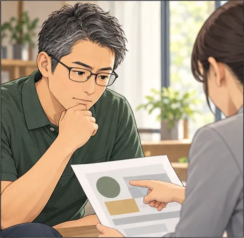 担当者が書類の一部を指して説明し、真剣に聞く人