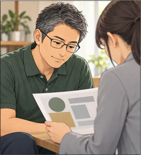 担当者と一緒に書類をのぞき込む人
